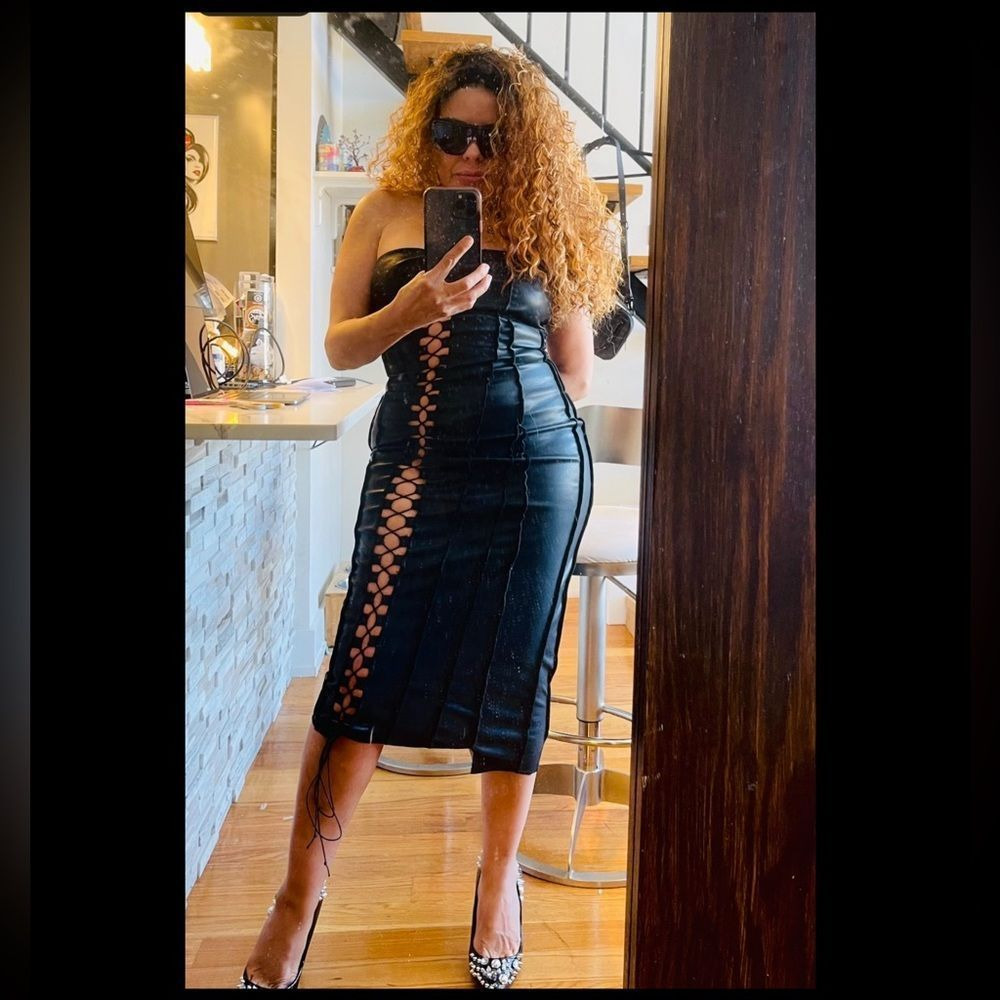 AKIRA VEGAN LEATHER LACE UP MIDI DRESS SIZE LARGE